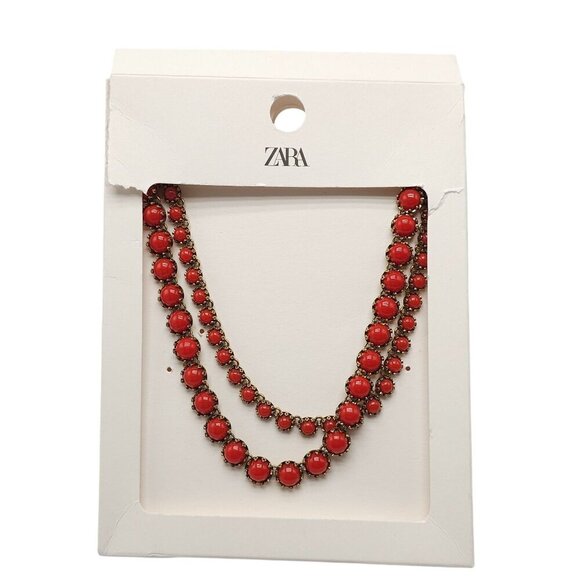 Zara Red Resin Stone Double Layer Necklace With Antique Gold-Tone Chain - Picture 2 of 7